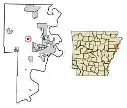 Location of Crawfordsville in Crittenden County, Arkansas.