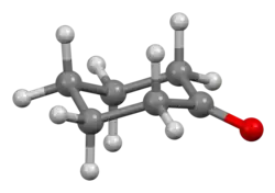 Ball-and-stick model of cyclohexanone viewed side-on, showing the non-planar conformation