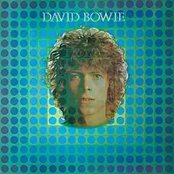 A headshot of a young man with long, shaggy hair surrounded by turquoise-colored circles, with the words "David Bowie" at the top