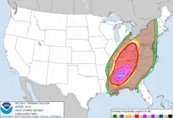 This version of the map shows a 45% probability of a tornado within 25 miles of a given point in the highest risk area, and a 10% chance of a significant tornado.
