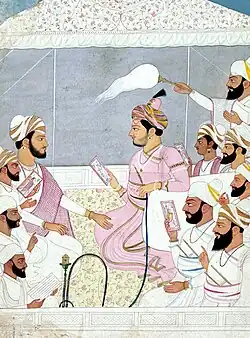 Detail of 'Maharaja Sansar Chand of Kangra Enjoys Paintings with His Courtiers' by Purkhu of Kangra, ca.1785–90