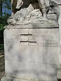 Modified inscription Belgian military heroism crushes the (Arab) slave trader, April 2022