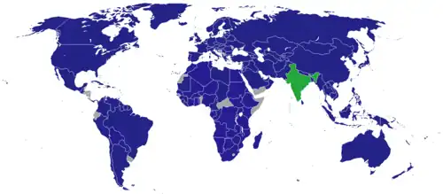 Diplomatic missions of India (blue) & HQ and domestic offices (green)