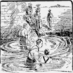 Monochrome line drawing depicting two men immersing two others in a river while others watch from a stone embankment