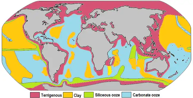 Distribution of sediment types on the seafloor Within each colored area, the type of material shown is what dominates, although other materials are also likely to be present. For further information, see here
