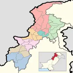 The districts of Khyber Pakhtunkhwa. Colours correspond to divisions.