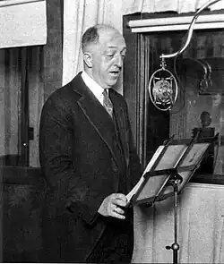 Image 77"Doc" Herrold is shown at the microphone of KQW, early 1920s. (from History of broadcasting)