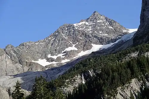 Dossenhorn/Tossen from the north-north-west: northwest face (Dossenwand) & north ridge (Dossengrat) with Dossen Hut SAC