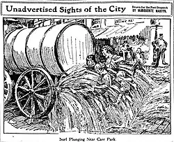 Drawing by Marguerite Martyn of children following a street-cleaning wagon dispensing water to clear streets of debris in St. Louis, Missouri, 1914