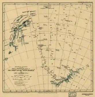Old chart showing incomplete Antarctia coastline. The chart indicates the line of Endurance's 1915 drift, also the earlier drift of Filchner's Deutschland and the line of James Weddell's 1823 voyage