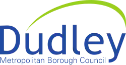 The word Dudley in blue text with a green arc over the top of the word.