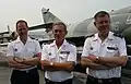 From left to right: Capitaine de Vaisseau Xavier Magne (captain of the Charles De Gaulle), vice-amiral d'escadre Alain Dumontet, commander of the Force d'Action Navale, and contre-amiral Édouard Guillaud, Préfet maritime of the English Channel and North Sea (former captain of the Charles De Gaulle 1999–2001).