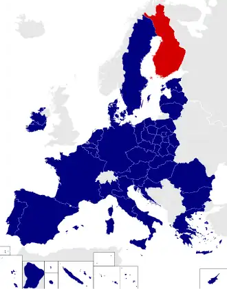 Map of the European Parliament constituencies with Finland highlighted in red