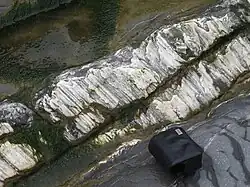Calcite slickenfibres on the surface of a normal fault, east of Kilve, Somerset.