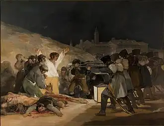 The Third of May 1808; by Francisco Goya; 1814; oil on canvas; 2.68 × 3.47 m; Museo del Prado (Madrid, Spain)[204]