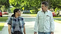 Devery Jacobs and Ethan Hawke in character as Elora Danan and Rick Miller.
