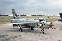A No. 11 Squadron English Electric Lightning F.3 on display at the 1976 International Air Tattoo at RAF Greenham Common.