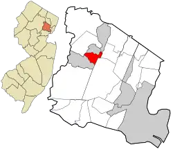Location of Essex Fells in Essex County highlighted in red (right). Inset map: Location of Essex County in New Jersey highlighted in orange (left).