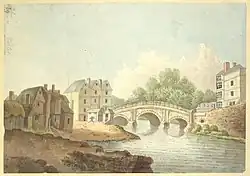 Watercolour painting of a white-coloured masonry bridge