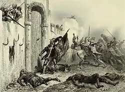 A soldier wearing armor bearing a cross plants a dagger in a city gate