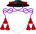 Hat sable with cords purpure and three tassels gules per side, used by Anglican deans in place of a helmet