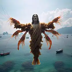A statue of a man floating high over the ocean. Aside from the head and some of his torso, he is made up of shrimp and ocean plants that blend and meld with each other.