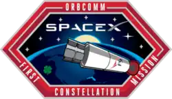 An elongated hexagon with a thick red border encases an artistic depiction of a Falcon 9 second stage in orbit with a satellite in the payload bay.