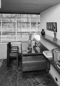 A black-and-white image of the southwest corner of the guest bedroom