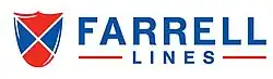 Farrell Lines logo: The logo features a design with a stylized shield motif. The shield, a two engrailed chief and a pointed base, per saltire argent, azure, and gules, charged with two stylized seahorses azure, respectant. Below the shield motif, the text 'FARRELL LINES' appears in all caps. 'FARRELL' is in red, larger, and unbolded, while 'LINES' is in blue, smaller, and unbolded, positioned directly below. Thin horizontal blue lines extend from both sides of 'LINES,' aligning with the width of the 'FARRELL' text above.