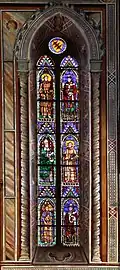 Window depicting Franciscan saints and Popes, designed and created by the Master of Figline, ca. 1320-25. Located above the Bardi chapel to the right of the high altar chapel.