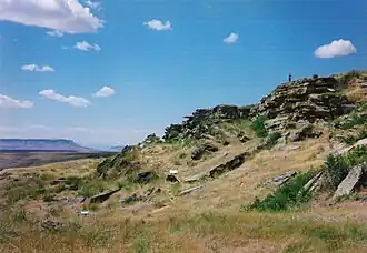 Ulm Pishkun. Buffalo jump, SW of Great Falls, Montana. The Blackfoot drove bison over cliffs in the autumn to secure the winter supply. The Blackfoot used pishkuns as late as the 1850s.[120]