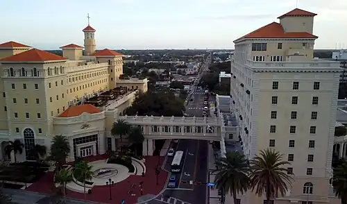 Flag Building (left) connects with the Fort Harrison Hotel (right) via sky bridge over Ft. Harrison Avenue