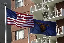 The flags of the United States and Oregon in Portland, Oregon.
