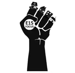 A raised, clenched black fist with buildings at the end of the finger