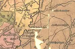 Fort Chinnabee (located in the center) as portrayed in Henry Schenck Tanner's 1830 The Traveler's Pocket Map of Alabama.