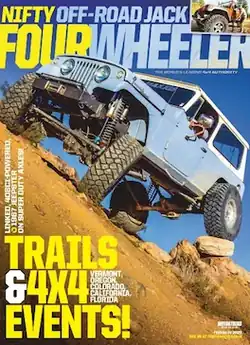 Cover of Four Wheeler magazine showing a jeep being driven with headline TRAILS & 4X4 EVENTS!