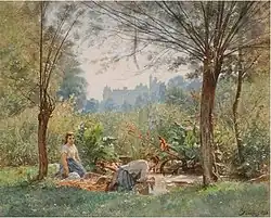 Vue animée de Pierrefonds avec deux lavandières au premier plan (1881)