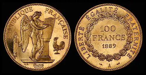 Image 1 French franc Coin credit: Monnaie de Paris; photographed by the National Numismatic Collection The French franc is a former currency of France and Monaco and, alongside the Spanish peseta, a former de facto currency in Andorra. The first franc was a gold coin introduced in 1360, which showed King John II of France on a richly decorated horse, earning it the name franc à cheval. A later coin, showing Charles VII on foot, under a canopy, was named the franc à pied. The decimal franc was established by the French Revolutionary Convention in 1795 as a decimal unit, and became the official currency of France in 1799. France joined the euro in 1999, and the franc was replaced by euro notes and coins in 2002. This picture shows a 100-franc gold coin, dated 1889, with a "winged genius" designed by Augustin Dupré on the obverse. Only a hundred proof coins of this design were minted. More selected pictures