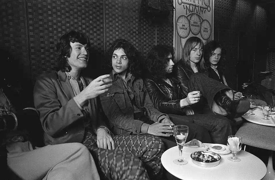 Free in Amsterdam with Steve Winwood, July 1970. Left to right: Winwood, Andy Fraser, Paul Rodgers, Simon Kirke, Paul Kossoff.