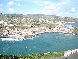 The urbanized area of Angústias, alongside Monte Escuro and Monte da Guia, showing the bay of Porto Pim