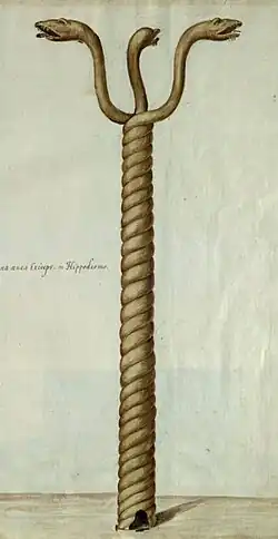 Illustration of a column, at the top are three snakes facing in different directions, at the bottom are the snakes' intertwined torsoes