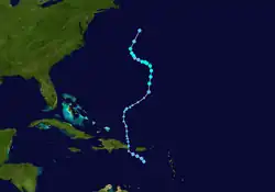 An image depicting the track of a weak and erratic tropical storm.