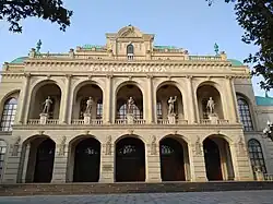 Statues on the balcony of Ganja State Philharmonic Hall