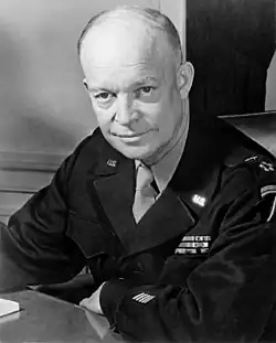 Black-and-white photographic portrait of Dwight D. Eisenhower