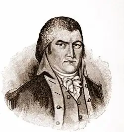 The man from the coin, Moses Cleaveland, in an engraving. He is seen more fully than on the coin, facing slightly right, and wears late 18th or early 19th-century garb. He appears about 50 years old and has a sour expression on his face.