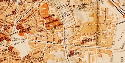 The central area corresponding to Via Giulia, Via della Consolazione, and Via Porta Pia, map published in 1906,[5] after the construction of Via XX Settembre.