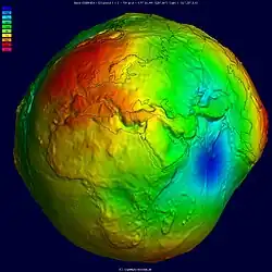 Image 51Geoid, an approximation for the shape of the Earth; shown here with vertical exaggeration (10000 vertical scaling factor). (from Geodesy)