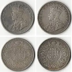 Silver one rupee coins used in India during the British Raj, showing George V, King-Emperor, 1913 (left) and 1919 (right)