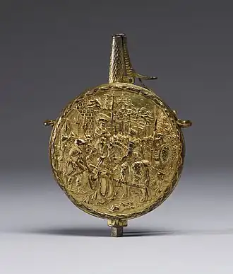 German gilded copper flask for priming powder with spring and The Justice of Trajan, 1530-1550