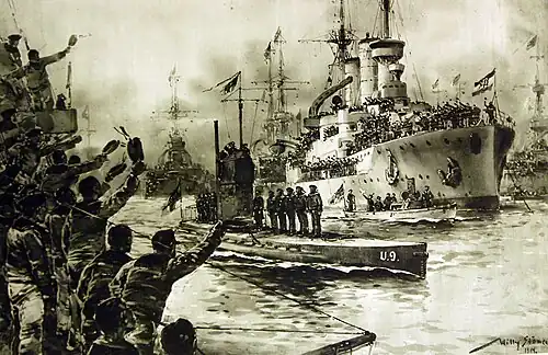 The return of U-9 to Wilhelmshaven, Germany illustration by Willy Stöwer
